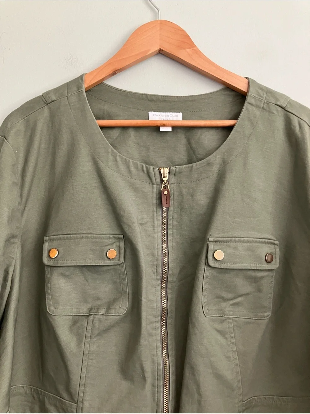 CHARTER CLUB Olive Green Elevated Cotton Utility Jacket Size 24W